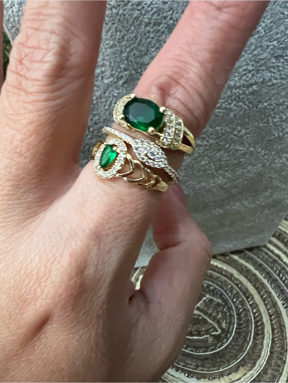 Gold Tone Women's Ring Set with Emerald Green Stones